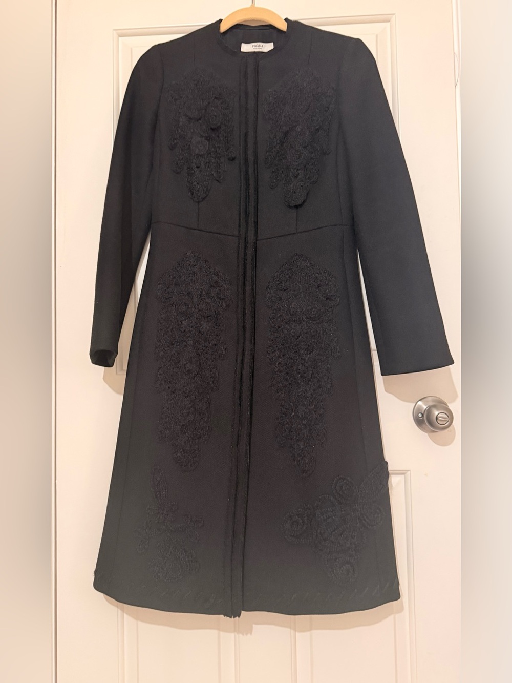 Prada Vintage F/W 2005 Black Wool Crochet Appliqué Coat IT 40